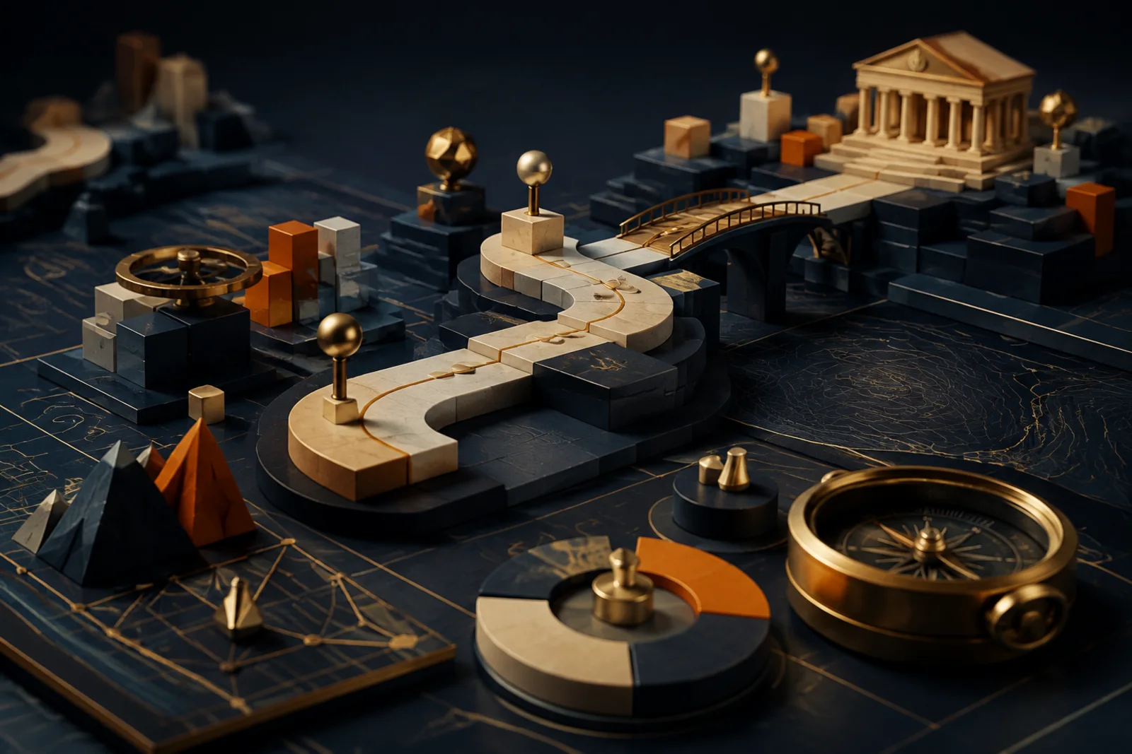 Sculptural project roadmap with milestones, a bridge and strategic planning objects