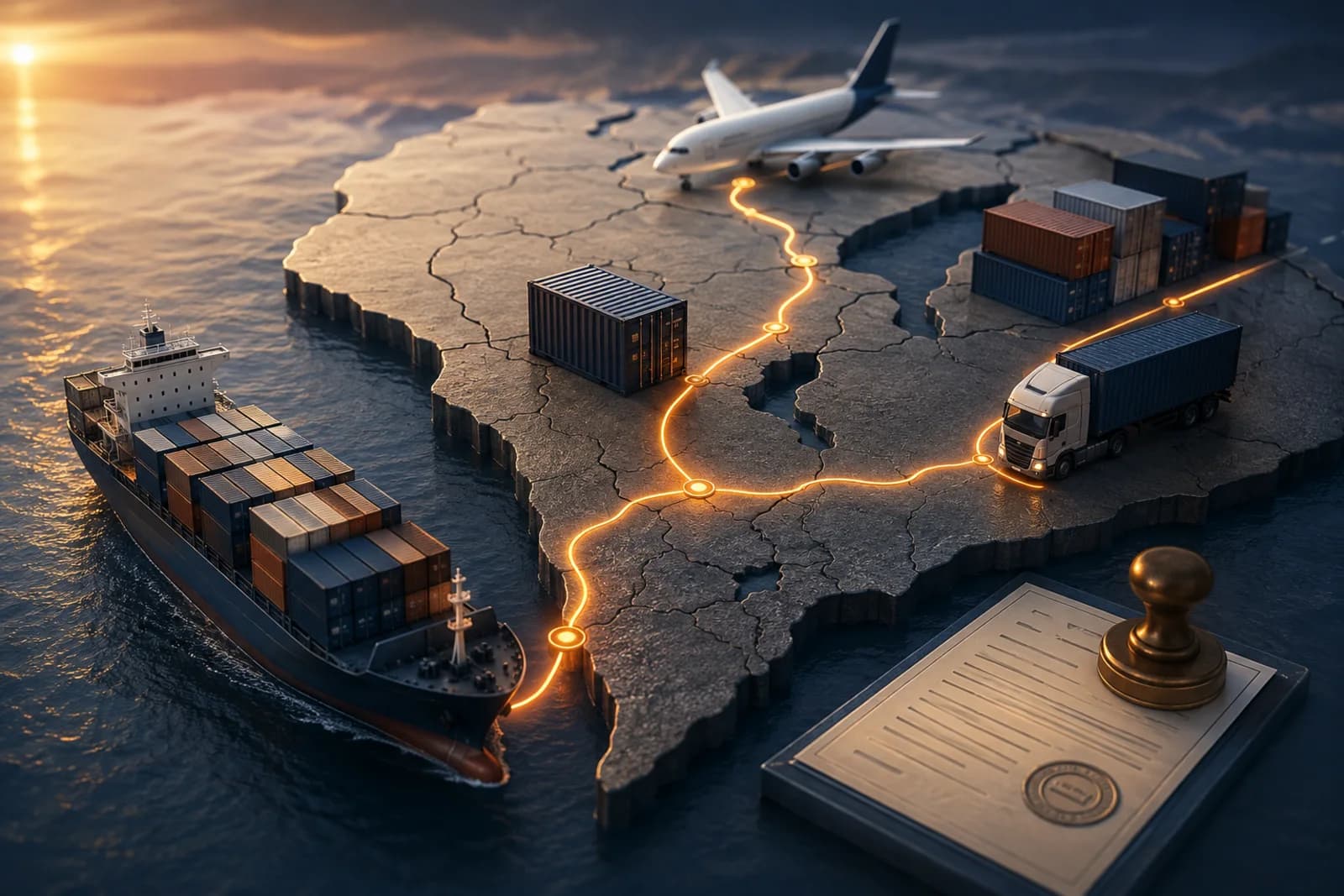 Cargo ship, aircraft, truck and containers connected across a raised map of Africa